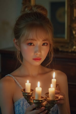 (Best quality:1.1), A vintage interior is softly lit at night, and a Thai woman beautiful  poses in front of antique furniture with an ornate mirror. Her blonde hair is tied loosely into a bun, framing her porcelain doll face without makeup. In a highly detailed depiction, she raises her arm and holds a vintage cast-iron three-candle holder in her hand, the flickering flames of the mostly melted candles casting a warm glow on her pale skin. Her blue eyes sparkle like diamonds as they reflect the light, exuding curiosity and anticipation. Her soft bangs cover one eye, cascading down her cheek, creating an alluring atmosphere.