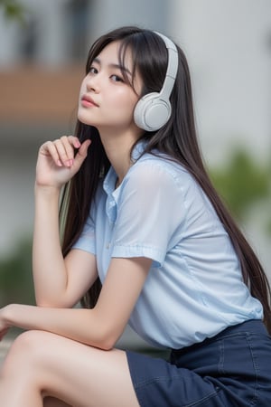 young woman with long, straight black hair is sitting outdoors, wearing white over-ear headphones. She is dressed in a light blue blouse and a short dark blue skirt. Her pose is thoughtful, with her hands resting under her chin, and she gazes off to the side. The background is blurred, showing some greenery and buildings, giving the scene a peaceful, calm vibe.