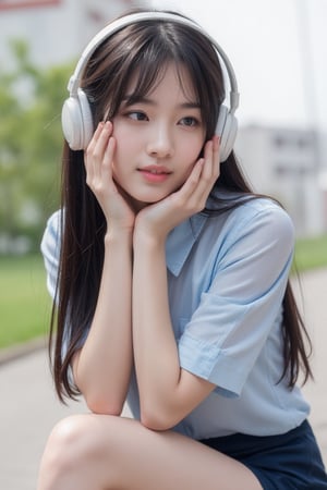 young woman with long, straight black hair is sitting outdoors, wearing white over-ear headphones. She is dressed in a light blue blouse and a short dark blue skirt. Her pose is thoughtful, with her hands resting under her chin, and she gazes off to the side. The background is blurred, showing some greenery and buildings, giving the scene a peaceful, calm vibe.