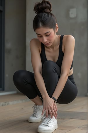 yurikoshi, 16K, UHD, Portrait of a Super sexy slim asian woman with tied simple hair bun, she wears a cropped top, a striking yoga leggings and trendy Nike sneakers. She bends over. She ties her shoelaces Wooden floor, concrete walls,yurikoshi