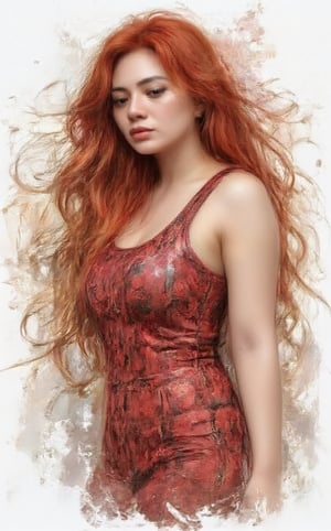 A striking stencil art portrait of a young sexy Asian woman with very long fiery glowing red hair swirling in the wind. She is in a distinctive metallic red dress, featuring a circle pattern and bold stripes. Her intense gaze is directed to the right, lightly downwards, as if contemplating a secret. The stark white background highlights the intricate details of the stencil work, showcasing the artist's skill and precisionm