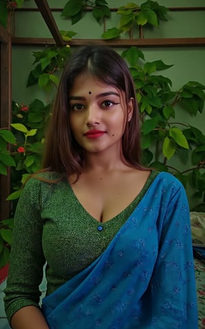 Surrealist art indian girl,18yo,Portrait Studio,facial,official art,photographic lights,warm light, garden background,realistic,solo,Sony A7R IV with Sony FE 85mm f-1.4 GM,Agfa Vista 400,green sweater,a blue blanket,surrealistic,16k image quality,sparse mesh sweater, . Dreamlike, mysterious, provocative, symbolic, intricate, detailed