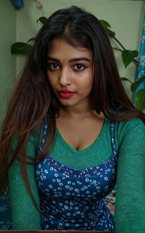 Surrealist art indian girl,18yo,Portrait Studio,facial,official art,photographic lights,warm light, garden background,realistic,solo,Sony A7R IV with Sony FE 85mm f-1.4 GM,Agfa Vista 400,green sweater,a blue blanket,surrealistic,16k image quality,sparse mesh sweater, . Dreamlike, mysterious, provocative, symbolic, intricate, detailed