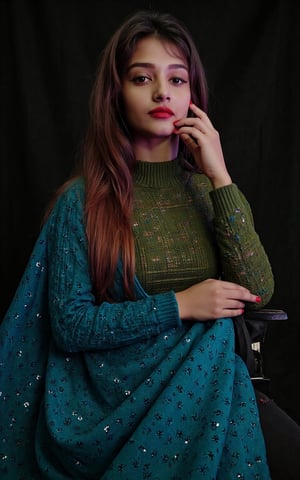 Surrealist art chinese girl,18yo,Portrait Studio,facial,official art,photographic lights,warm light,black background,realistic,solo,Sony A7R IV with Sony FE 85mm f-1.4 GM,Agfa Vista 400,green sweater,a blue blanket,surrealistic,16k image quality,sparse mesh sweater, . Dreamlike, mysterious, provocative, symbolic, intricate, detailed, garden background 