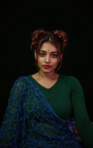 Surrealist art indian girl,18yo,Portrait Studio,facial,official art,photographic lights,warm light,black background,realistic,solo,Sony A7R IV with Sony FE 85mm f-1.4 GM,Agfa Vista 400,green sweater,a blue blanket,surrealistic,16k image quality,sparse mesh sweater, . Dreamlike, mysterious, provocative, symbolic, intricate, detailed