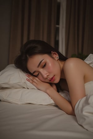 (RAW photo, Best quality), (Realistic, photo-realistic:1.2),High quality, (highdetailskin:1.4), young thai woman , Lie down in bed,Noble evening dress,eye closeds,sexy pose,is shy 