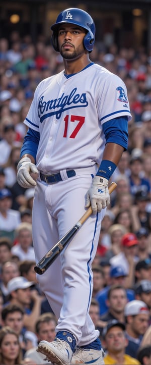 a baseball player, dressed in a white and blue uniform, is holding a black bat in his right hand. He is wearing a blue helmet, white gloves, and a blue belt with a blue buckle. The player's name, "Los Angeles" is written in blue letters across the top of his uniform, along with the number "17" in red letters. He has a serious look on his face, and his eyes are focused on the bat. In the background, a large crowd of people can be seen sitting in the bleachers.