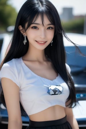 1girl, solo, long hair, smile, skirt, black hair, jewelry, earrings, outdoors, blurry, crop top, head tilt, cosplay, blurry background, ground vehicle, motor vehicle, realistic, car, photo background