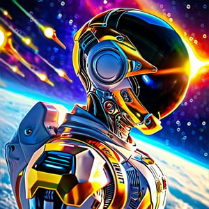 A futuristic male android astronaut, journey to the edge of universe, the big bang of universe at the background, for youtube thumbnail, vibrant colors, sharp focus, masterpiece, best quality, Photorealistic, ultra-high resolution, Hyper detailed, hyper realistic, MASTERPIECE by Aaron Horkey and Jeremy Mann