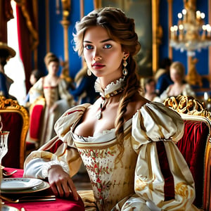 Young countess sits at dinner in a crowded dinning room in 1600's france, high fashion, atmosphere, ultra realistic HD,  / Hyperrealistic sexy ,full body, long  hair, ultra detail blue eyes, beautiful face, An extremely high-resolution hyperrealistic portrait of a girl, pushing the boundaries of realism with fine textures and lifelike details.
,vintagepaper,text as "",v0ng44g,more detail XL,Brandon Woelfel, ,Jia Lissa