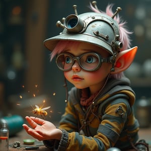 Midjourney Style, Cinematic Style, High Definition, Realism, Chiaroscuro, Still Film, Realism,
A close-up of a young female gnome with short, spiky pink hair and pale, freckled skin, looking through thick, multi-lens glasses at a tiny metal bee hovering just above her palm. Her bright blue eyes are full of curiosity and excitement as the bee emits tiny sparks of electricity in her magical workshop filled with strange, half-finished machines and gadgets. She wears a patchwork coat made of different materials, some metallic and others organic, with strange tools and gears sewn into the fabric. A wide-brimmed metal helmet, equipped with additional lenses and tiny antennae, rests on her head, completing her eccentric look.

  




 
  

  

  

  




 
  

  
