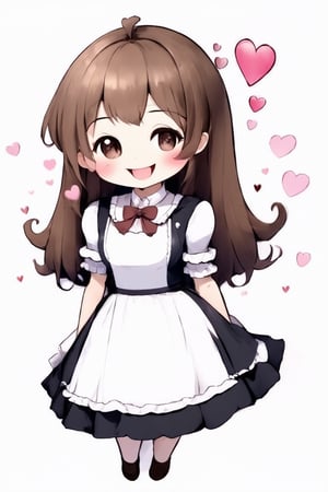 1girl, cute girl, chibi character, chibi. White background. she wears a fancy maid uniform, long brown hair. little body, full body character. masterpiece. she is happy, smiling. Himecut hairstyle, masterpiece, hearts on the sides. loooking at viewer. Blush, tender smile.