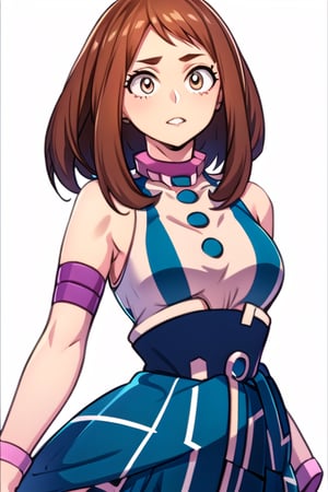 1girl, 
white background, blue theme, upper part of body, (waist-up shot:1.3), 
uraraka ochako