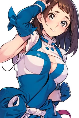 1girl, 
white background, blue theme, upper part of body, (waist-up shot:1.3), 
uraraka ochako