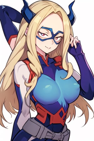 1girl, 
white background, blue theme, upper part of body, (waist-up shot:1.3), 
mount lady (my hero academia),mount_lady, domino mask, bodysuit, superhero, giantess, giant