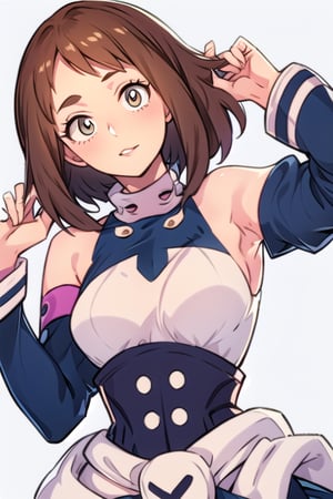 1girl, 
white background, blue theme, upper part of body, (waist-up shot:1.3), 
uraraka ochako