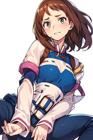 1girl, 
white background, blue theme, upper part of body, (waist-up shot:1.3), 
uraraka ochako