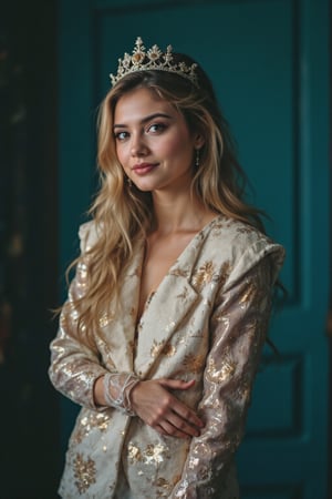 A woman donning a striking ethereal glowing shimmering suit adorned with subtle golden and white accents stands confidently against a deep teal colour backdrop, her long, wavy blonde locks cascading down her back. A regal crown sits atop her head, as she gazes upwards with an air of serenity. The frame captures her profile, the camera positioned at a 45-degree angle to accentuate the contours of her face. Dramatic lighting casts a warm glow on her features, while the use of ray tracing adds depth and dimensionality to the scene.,RAW