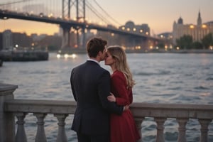 A tender moment unfolds beneath the grandeur of St. Petersburg's iconic bridge as a loving couple shares a romantic encounter. The soft glow of evening lights reflects off the water, casting a warm ambiance on the pair embracing the city's beauty. The woman's golden locks cascade down her back as she tilts her head in adoration, while her partner's strong arm wraps gently around her waist.,RAW,hourglass body shape