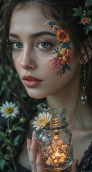 (symmetry: 1.1) (floral portrait: 1.05) a mulatto woman as a FAIRY OF THE FOREST, (assassins creed style: 0.8), pink and gold and opal color scheme, beautiful and intricate filegrid face painting, intricate, elegant, highly detailed, digital painting, art station, concept art, smooth, sharp focus, illustration, art by Greg Rutkowski and Alphonse Mucha, 8K Moon fairy kneeling, quarter moon shining small inside jar, filled with peach isometric shot inside a glass jar looking out, gossamer, short skirt blue, yellow gold red and orange, chrysanthemum, nighttime, stardust. Fairytale, rococopunk, delicate studio artist model. Best quality, oil painting on canvas. Coby Whitmore, Ray Caesar, Lichtenstein, Fragonard, Van Gogh. Surrealism. Exquisitely detailed luminous portrait moon. Moon, clouds, waves, ocean, glow, bioluminescence. 18th century masterpiece, Vogue fashion illustration, delicate embroidery. Perfect red lips, Perfect face, delicate face, perfect eyes, detailed pupils. By Maya, water,Masterpiece,perfect,RAW,hourglass body shape