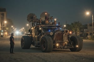 A lone figure stands tall beside a behemoth of steel and copper, a post-apocalyptic steampunk car with intricately designed propellers and glowing blue tubes. The man's rugged features are illuminated by the faint glow of city lights in the background, casting long shadows across the dusty street. In the midst of this desolate landscape, the car stands as a testament to human ingenuity, its 3D rendered blueprint gleaming with an otherworldly sheen.,RAW,Perfect Eyes,Detailed skin,Skin blemish,Fantasy detailers,Enhanced all,hourglass body shape