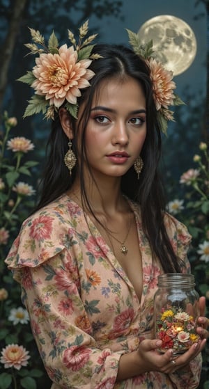 (symmetry: 1.1) (floral portrait: 1.05) a mulatto woman as a FAIRY OF THE FOREST, (assassins creed style: 0.8), pink and gold and opal color scheme, beautiful and intricate filegrid face painting, intricate, elegant, highly detailed, digital painting, art station, concept art, smooth, sharp focus, illustration, art by Greg Rutkowski and Alphonse Mucha, 8K Moon fairy kneeling, quarter moon shining small inside jar, filled with peach isometric shot inside a glass jar looking out, gossamer, short skirt blue, yellow gold red and orange, chrysanthemum, nighttime, stardust. Fairytale, rococopunk, delicate studio artist model. Best quality, oil painting on canvas. Coby Whitmore, Ray Caesar, Lichtenstein, Fragonard, Van Gogh. Surrealism. Exquisitely detailed luminous portrait moon. Moon, clouds, waves, ocean, glow, bioluminescence. 18th century masterpiece, Vogue fashion illustration, delicate embroidery. Perfect red lips, Perfect face, delicate face, perfect eyes, detailed pupils. By Maya, water,Masterpiece,perfect,RAW,h