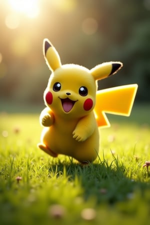 Pikachu is running on a green grass field with sunlight shining. movie tone dramatic.