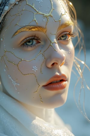 a female, golden cracks on white skin made out of sparkling ck-iced-out-jewelz, high key lighting 