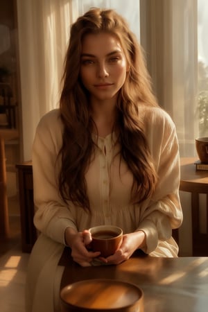 A long-haired woman sitting at a coffee table, natural light streaming through a window, soft shadows highlighting her serene expression, hands gently resting on the table, a cup of coffee and a book in the background, cozy indoor setting, detailed facial features, warm tones, medium shot framing her from the waist up.