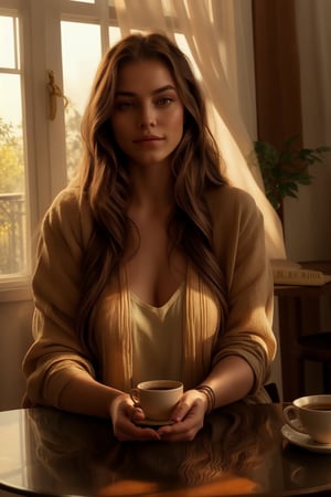 A long-haired woman sitting at a coffee table, natural light streaming through a window, soft shadows highlighting her serene expression, hands gently resting on the table, a cup of coffee and a book in the background, cozy indoor setting, detailed facial features, warm tones, medium shot framing her from the waist up.