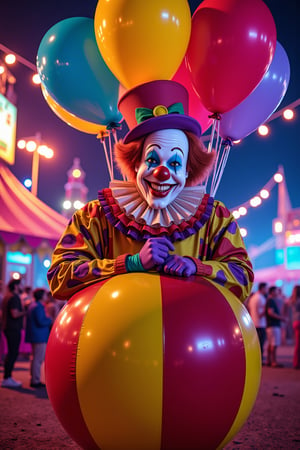 
 A clown with a cheerful smile, inside a large, colorful balloon in a vibrant circus setting. The scene is brightly lit with playful, theatrical spotlights, creating a lively and energetic atmosphere. The composition is dynamic, capturing the clown's joyful expression and the balloon's whimsical design. The background features circus tents, colorful decorations, and lively crowds, enhancing the playful and festive mood.,xRottx-gta-Style