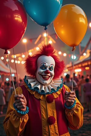 
 A clown with a cheerful smile, inside a large, colorful balloon in a vibrant circus setting. The scene is brightly lit with playful, theatrical spotlights, creating a lively and energetic atmosphere. The composition is dynamic, capturing the clown's joyful expression and the balloon's whimsical design. The background features circus tents, colorful decorations, and lively crowds, enhancing the playful and festive mood.,xRottx-gta-Style