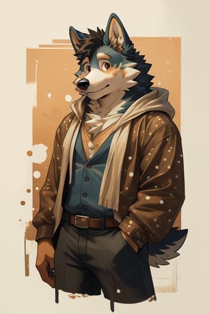 a male fursona of a wild corgi wolf, with brown eyes, some dots on his cheeks. toned body dressed with summer clothes.