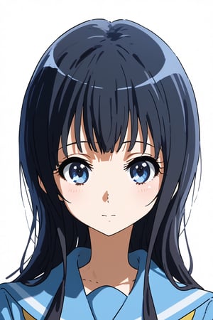 1girl, schoolgirl, simple white background, upper part of body, (waist-up shot:1.3), mizore from hibike_euphonium show,mizore yorizuka, long hair, black hair, blue eyes, 