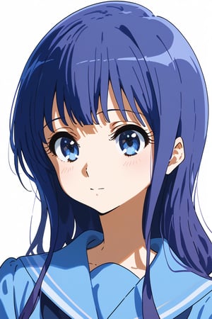 1girl, schoolgirl, simple white background, upper part of body, (waist-up shot:1.3), mizore from hibike_euphonium show,mizore yorizuka, long hair, purple blue hair, blue eyes, 