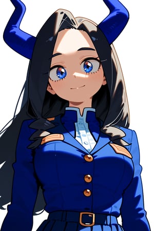 1girl, long hair, black hair, schoolgirl, simple white background, upper part of body, (waist-up shot:1.3), mount_lady from my_hero_academia show, 