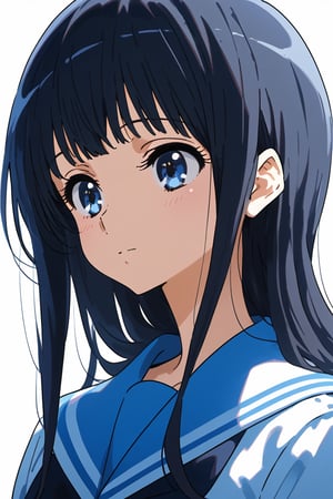 1girl, schoolgirl, simple white background, upper part of body, (waist-up shot:1.3), mizore from hibike_euphonium show,mizore yorizuka, long hair, black hair, blue eyes, 