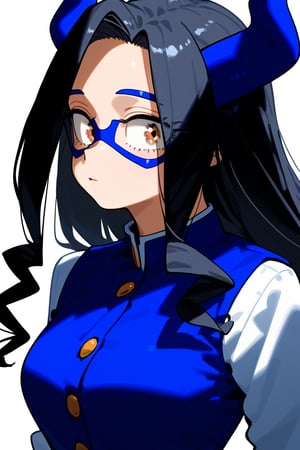 1girl, long hair, black hair, schoolgirl, simple white background, upper part of body, (waist-up shot:1.3), mount_lady from my_hero_academia show, 