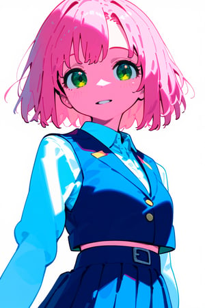 1girl, long hair, black hair, schoolgirl, simple white background, blue theme, pink theme, upper part of body, (waist-up shot:1.3), pink hair, short bob hair, green eyes, (sakura haruno:1.3), 