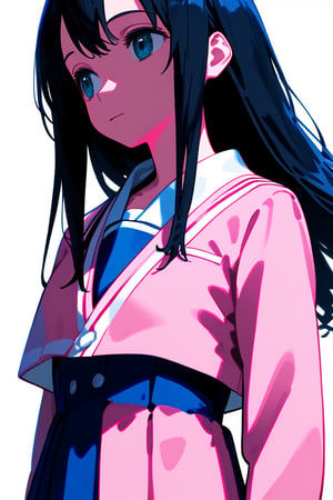 1girl, long hair, black hair, schoolgirl, simple white background, blue theme, pink theme, upper part of body, (waist-up shot:1.3), sakura,Sakura, 