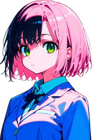 1girl, long hair, black hair, schoolgirl, simple white background, blue theme, pink theme, upper part of body, (waist-up shot:1.3), pink hair, short bob hair, green eyes, sakura haruno, 