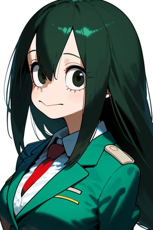 1girl, long hair, black hair, schoolgirl, simple white background, upper part of body, (waist-up shot:1.3), tsuyu_asui from my_hero_academia show, 