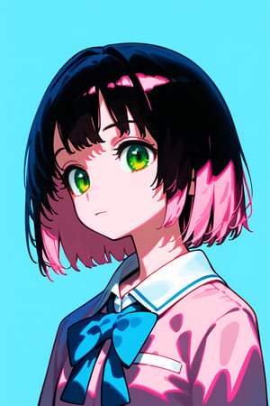 1girl, long hair, black hair, schoolgirl, simple white background, blue theme, pink theme, upper part of body, (waist-up shot:1.3), pink hair, short bob hair, green eyes, sakura 