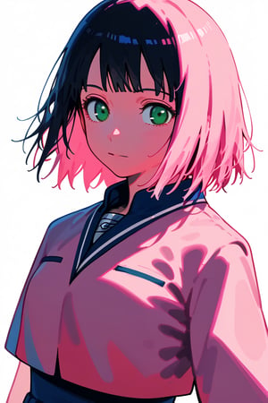 1girl, long hair, black hair, schoolgirl, simple white background, blue theme, pink theme, upper part of body, (waist-up shot:1.3), pink hair, short bob hair, green eyes, sakura haruno from naruto show, 