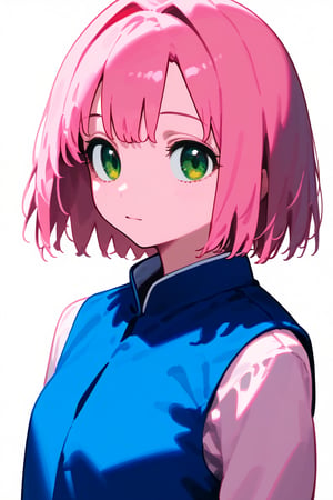 1girl, long hair, black hair, schoolgirl, simple white background, blue theme, pink theme, upper part of body, (waist-up shot:1.3), pink hair, short bob hair, green eyes, sakura haruno, 