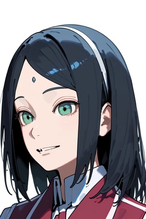 1girl, long hair, black hair, schoolgirl, simple white background, upper part of body, (waist-up shot:1.3), sakura haruno, 