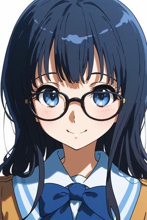 1girl, schoolgirl, simple white background, upper part of body, (waist-up shot:1.3), asuka from hibike_euphonium show,mizore yorizuka, long hair, black hair, blue eyes, glasses, happy, red cheeks, 