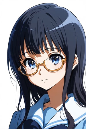 1girl, schoolgirl, simple white background, upper part of body, (waist-up shot:1.3), mizore from hibike_euphonium show,mizore yorizuka, long hair, black hair, blue eyes, glasses 