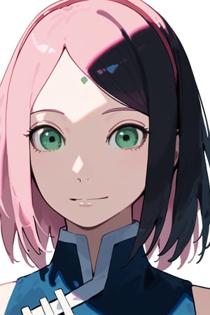 1girl, long hair, black hair, schoolgirl, simple white background, upper part of body, (waist-up shot:1.3), sakura haruno, pink hair, green eyes, 