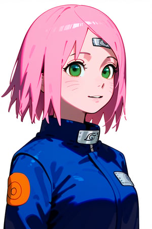 1girl, long hair, black hair, schoolgirl, simple white background, blue theme, pink theme, upper part of body, (waist-up shot:1.3), pink hair, short bob hair, green eyes, (sakura haruno from naruto show:1.3), 